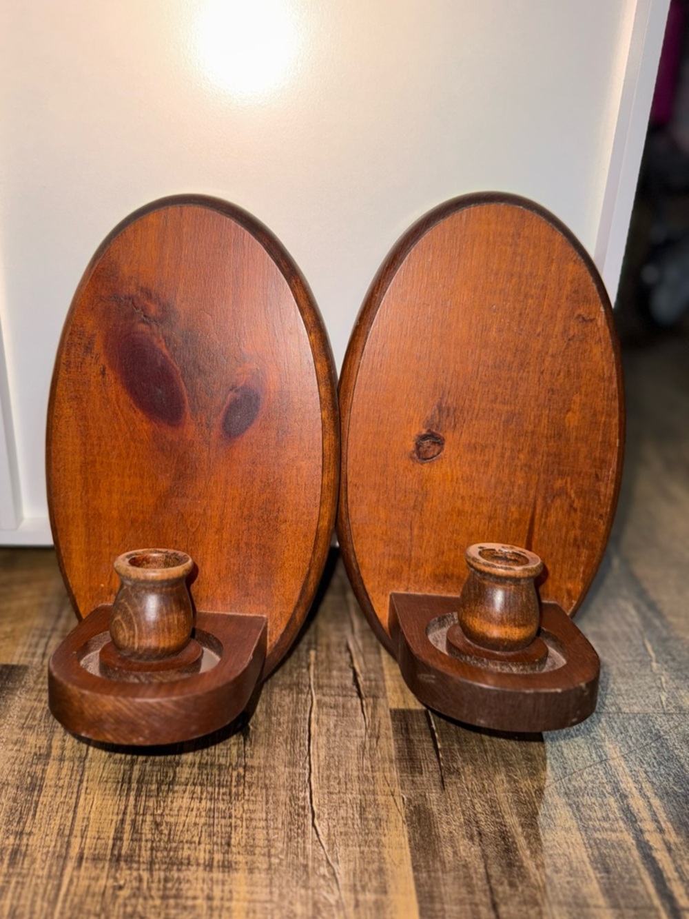 Vintage Wooden Oval Wall Candle Sconces Set - Brown